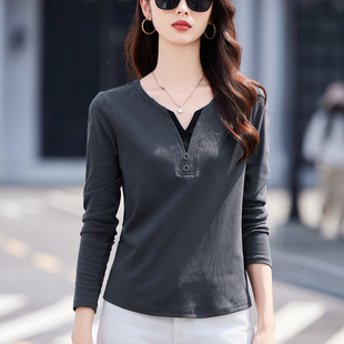 纯棉撞色假两件V领长袖t恤女2025秋季新款纽扣修身洋气上衣打底衫