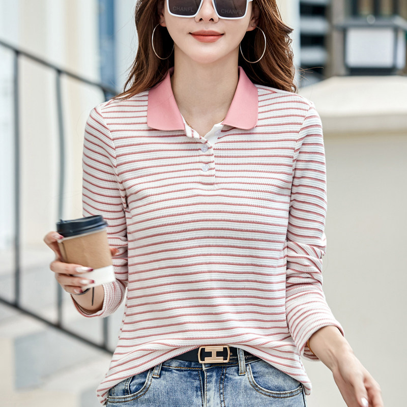 华夫格棉翻领条纹长袖t恤打底衫女春秋新款洋气polo衫外穿上衣女