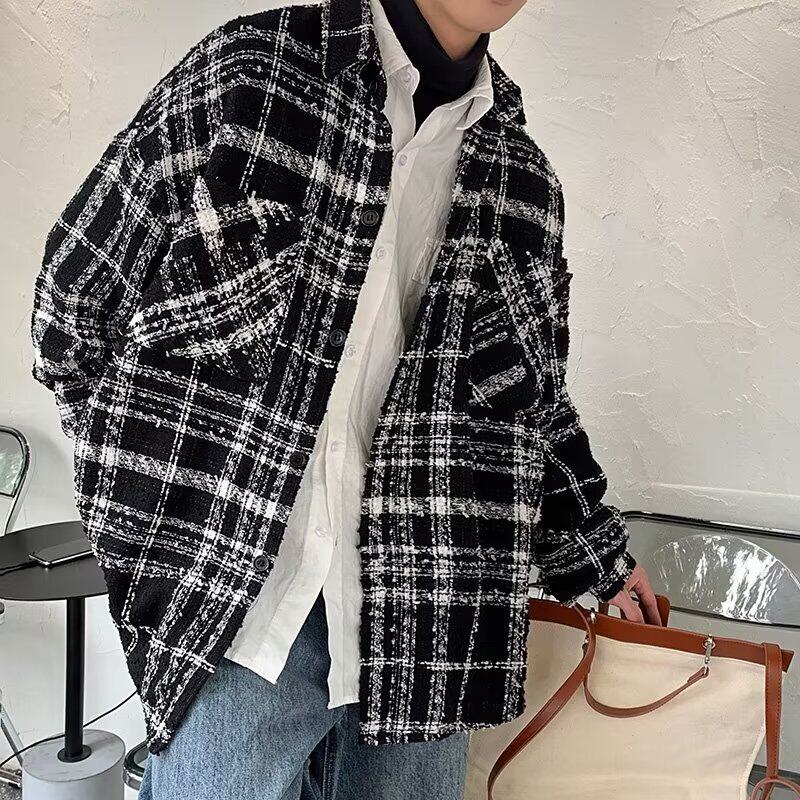 高街黑白格子小香风夹克男