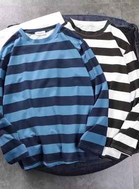 美式潮牌条纹长袖T恤男春秋季ins潮流宽松打底衫学生圆领休闲上衣