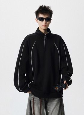 美式潮牌重磅半拉链卫衣男女春秋季潮流百搭宽松拼接运动翻领上衣