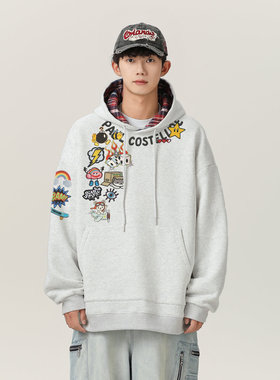 美式潮牌连帽卫衣男春秋季涂鸦印花学院风拼接宽松百搭休闲上衣服