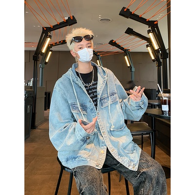 春秋季连帽水洗牛仔外套男
