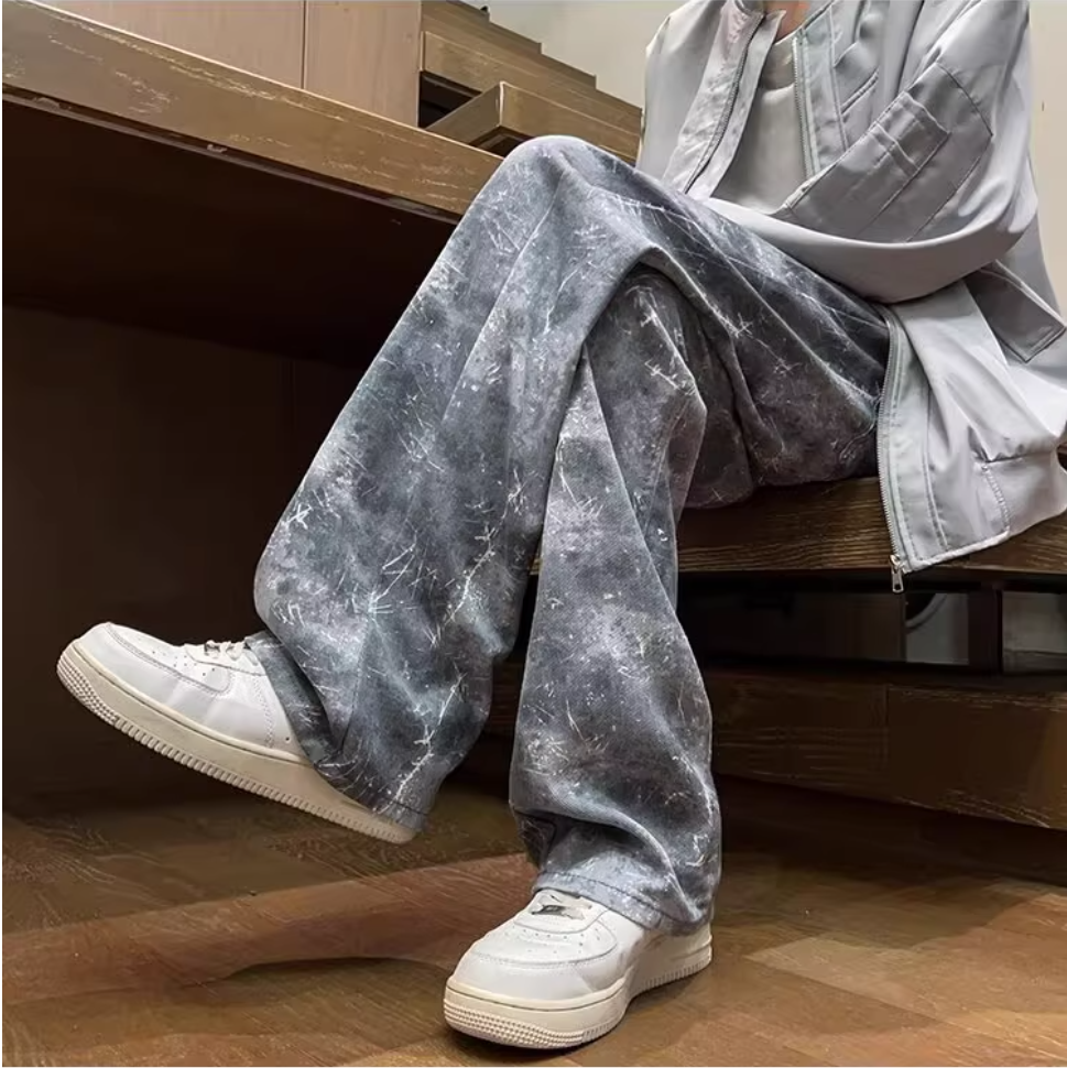 美式高街水洗扎染脏脏牛仔裤男