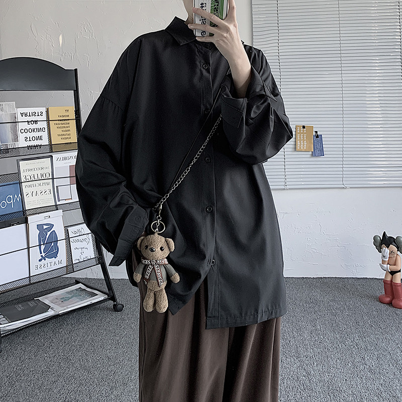 黑色衬衫男装禁欲系韩版潮流冷淡衬衣痞帅港风日系春秋季长袖上衣