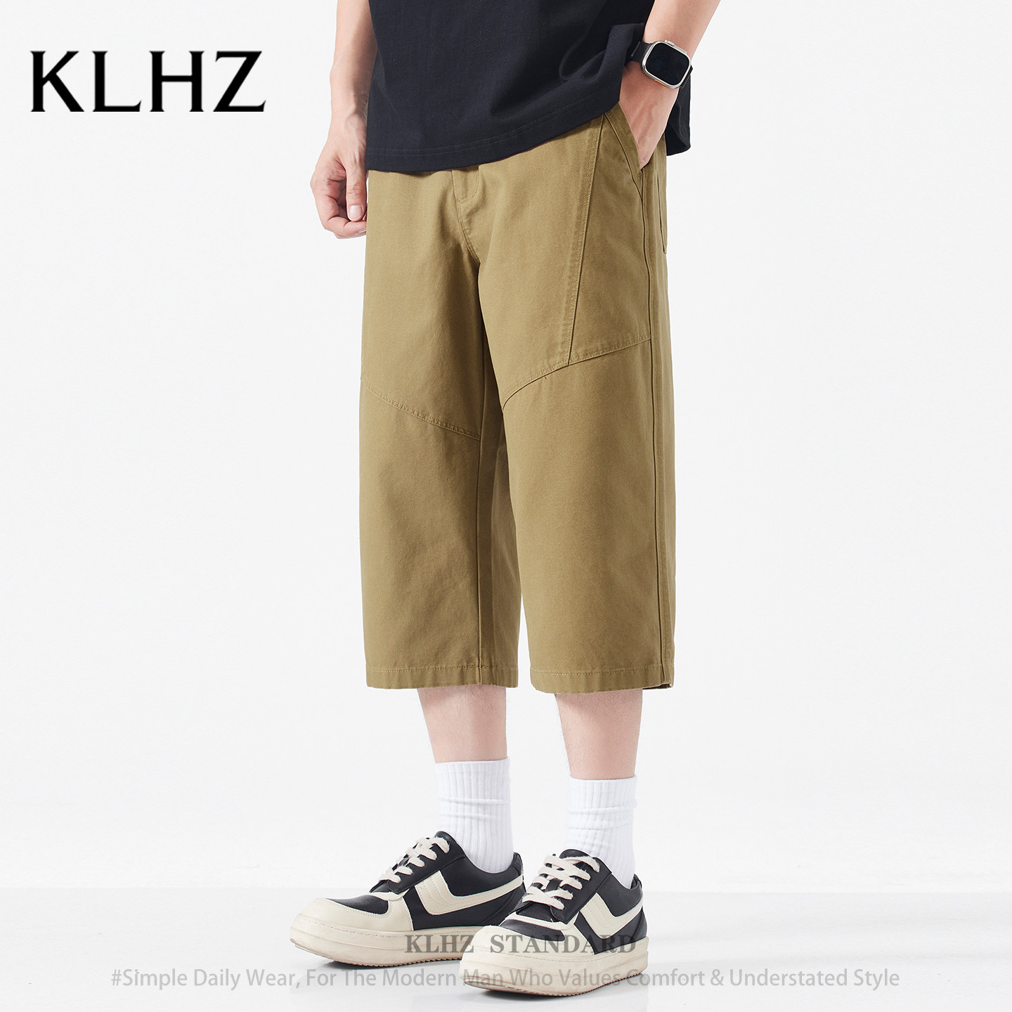 KLHZ男士卡其色七分裤夏季薄款宽松直筒工装裤透气凉感休闲短裤男