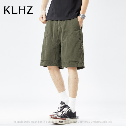 KLHZ美式工装短裤男夏季薄款透气宽松直筒五分裤拼接休闲裤子男士