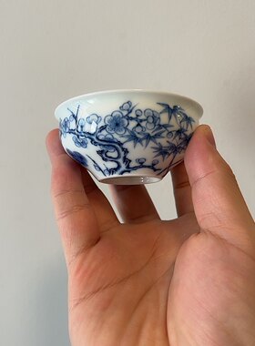 真如堂松竹梅岁寒三友普洱杯景德镇青花手绘茶杯伍一洵老师出品