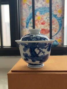 景德镇待月观山青花松竹梅两才盖碗手工手绘岁寒三友陶瓷泡茶碗