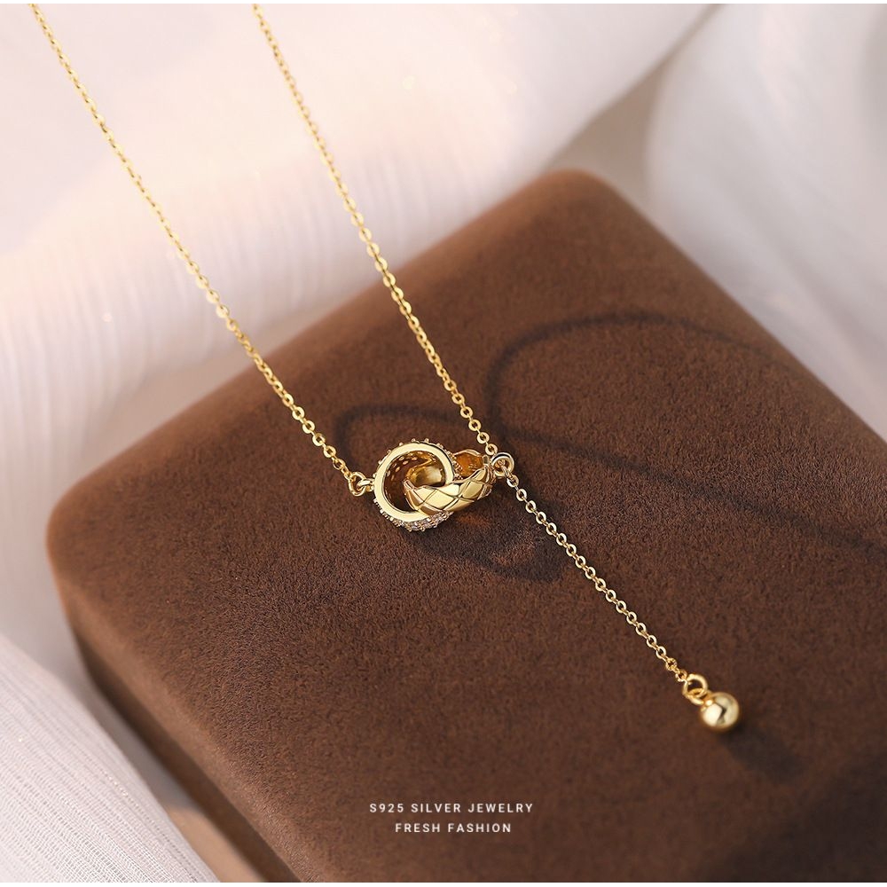 S925纯银流苏双环圆珠吊坠项链女轻奢轻奢感小众冷淡风锁骨链代发