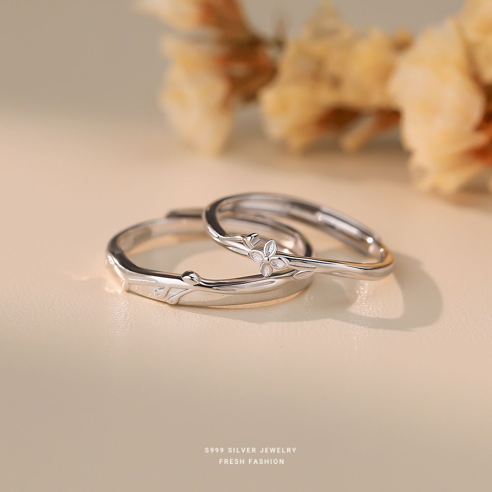 s999纯银森系枝叶情侣戒指简约小花朵开口可调节情侣对戒足银手饰