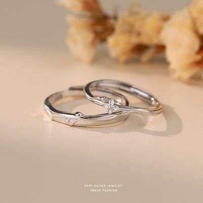 s999纯银森系枝叶情侣戒指简约小花朵开口可调节情侣对戒足银手饰