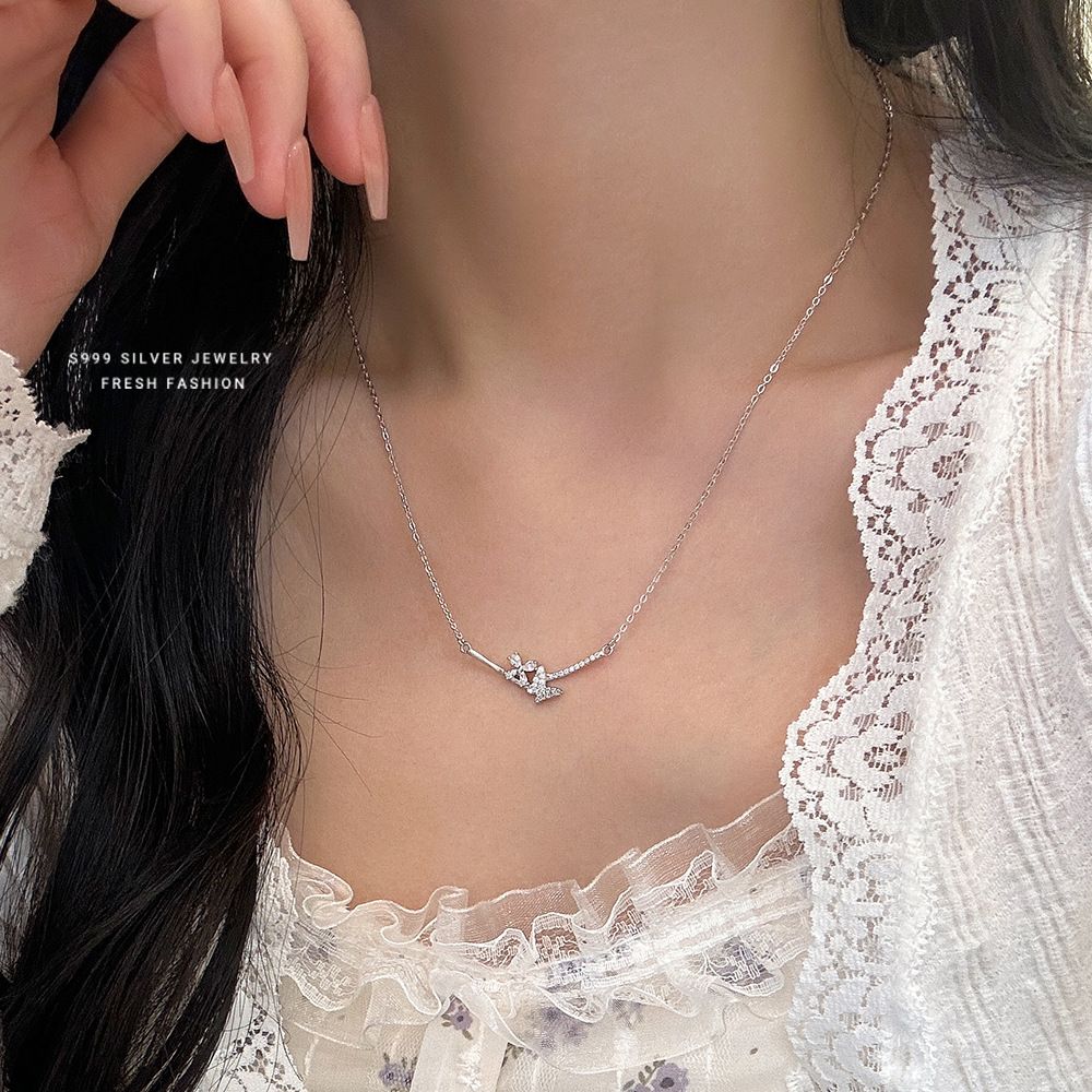 韩版微镶锆石蝴蝶项链女s999纯银轻奢百搭小众设计感足银锁骨链