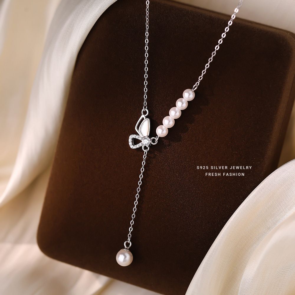 S925纯银施家珠微镶蝴蝶项链女拼接感珍珠流苏小众设计轻奢锁骨链