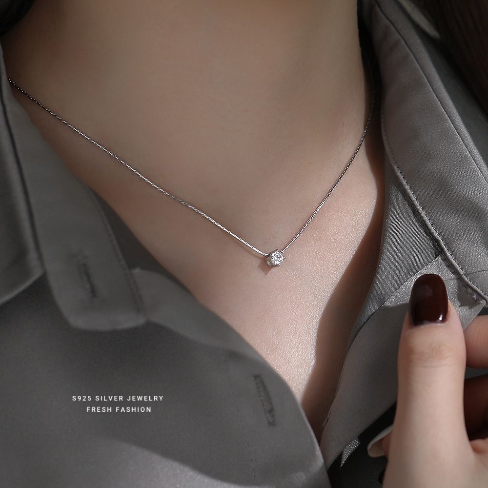 极简百搭单钻锆石项链女s925纯银轻奢高级感蛇骨链韩版小众锁骨链
