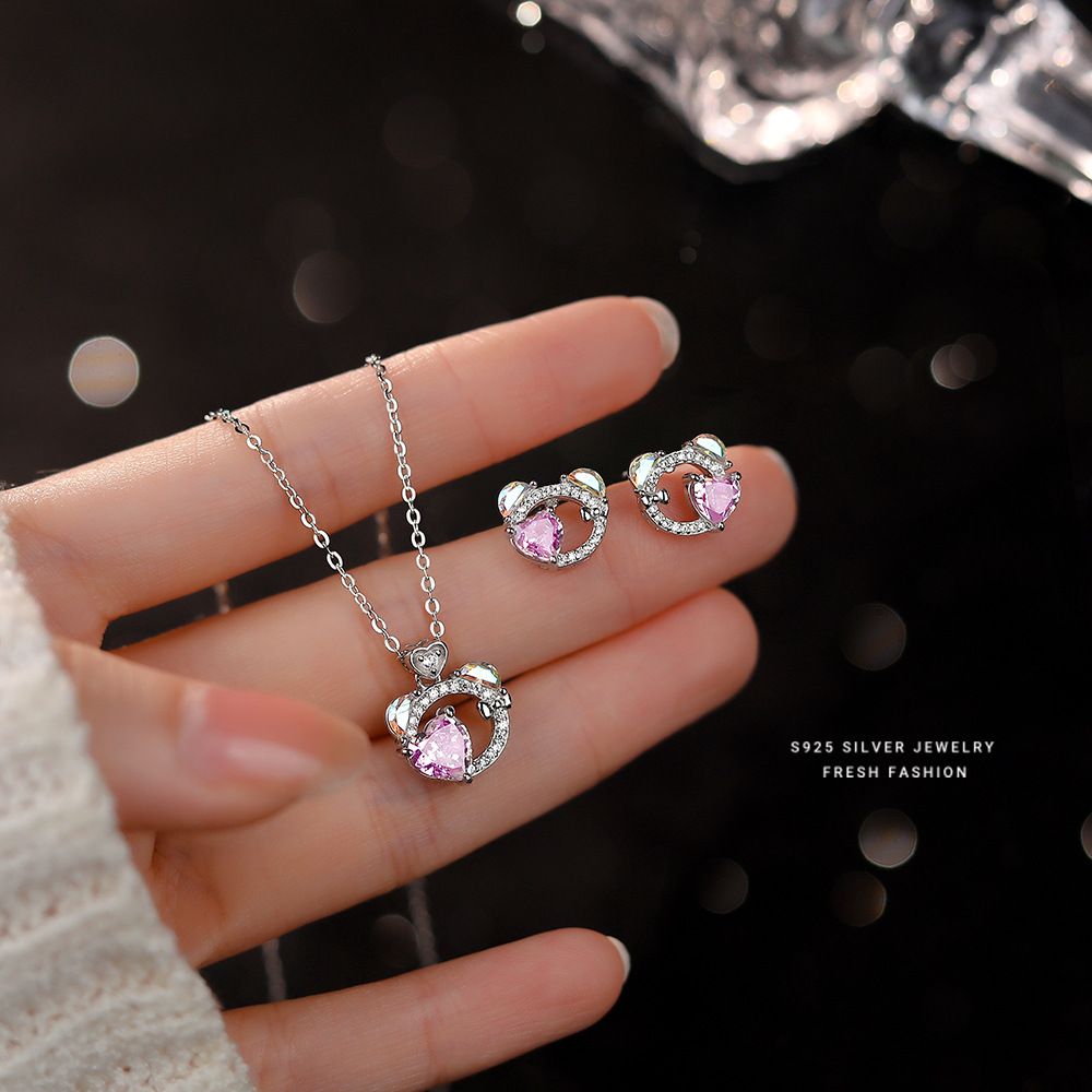 『幻彩爱心小熊』s925纯银幻彩锆石项链女高级设计感小众锁骨链