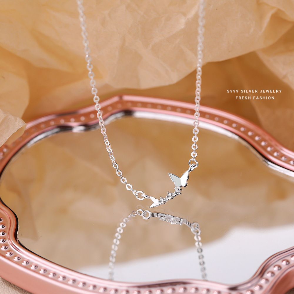 森系仙女风蝴蝶项链女s999纯银小清新百搭轻奢锁骨链新款足银首饰