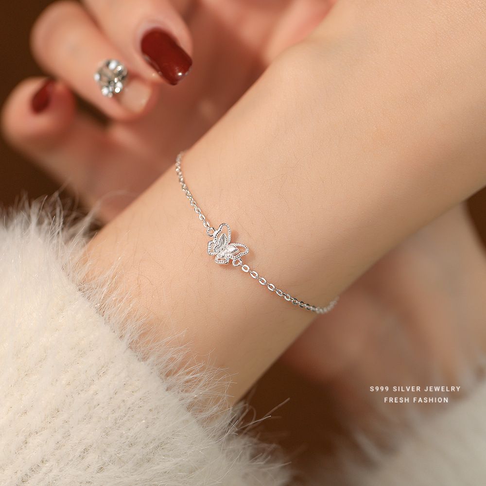 韩版森系小众设计双层蝴蝶手链女s999纯银轻奢简约百搭足银手饰