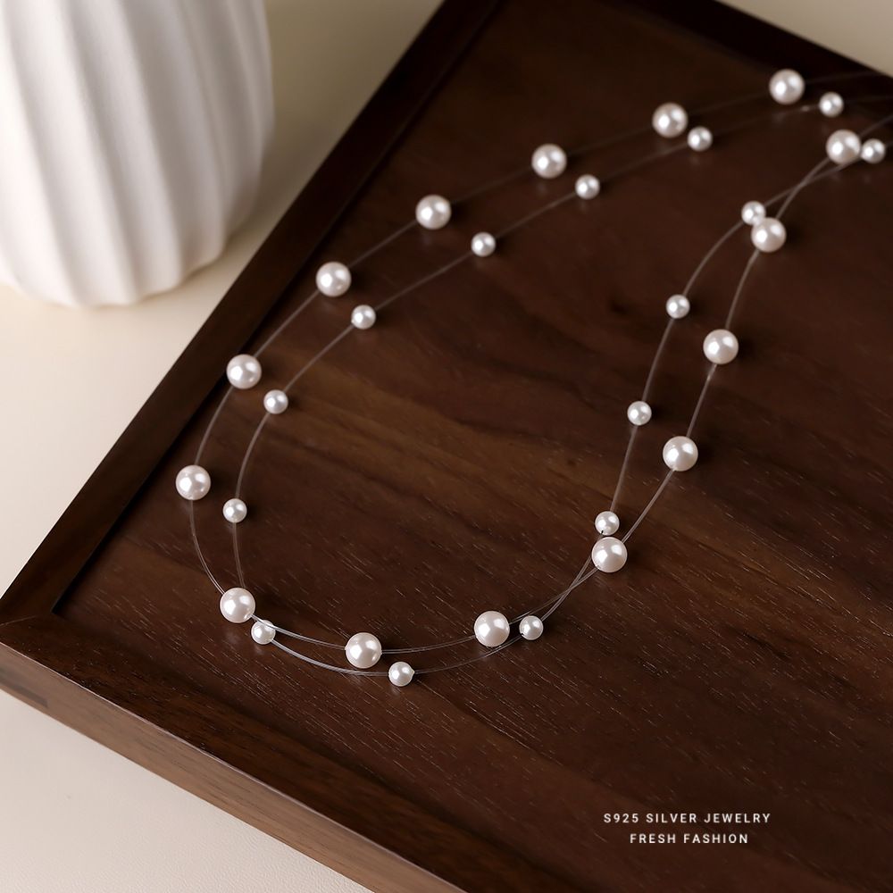 明星同款双层鱼线珍珠项链女ins叠戴法式轻奢施家珠锁骨链