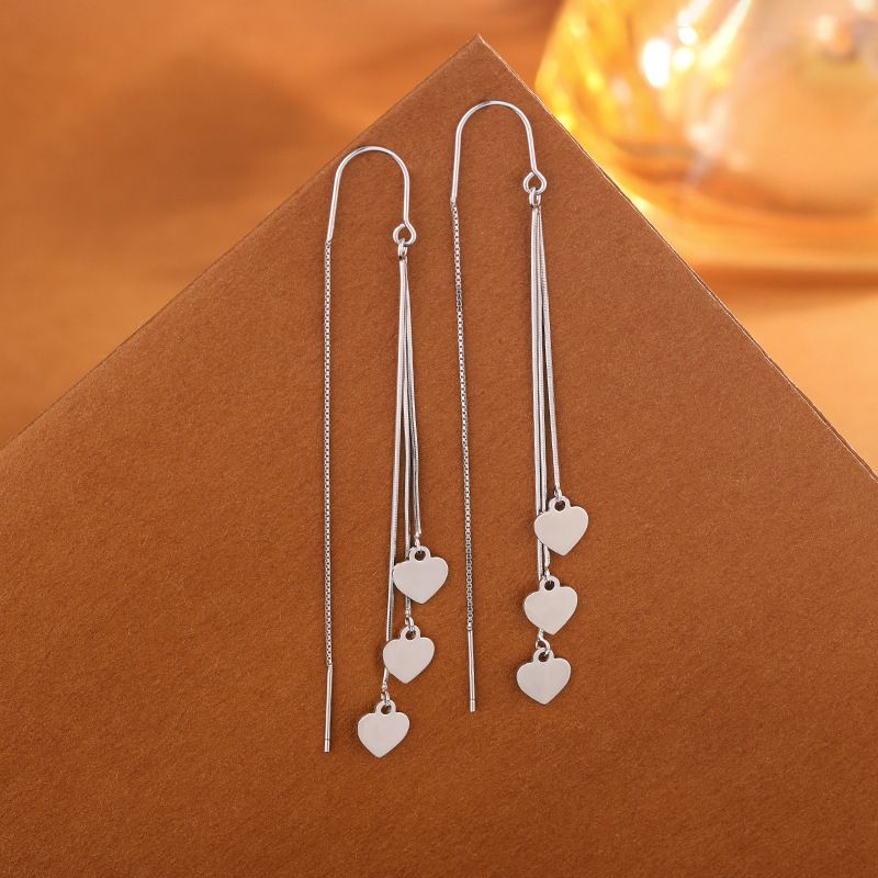 s925纯银心形耳线女时尚轻奢爱心流苏耳环小众设计高级感气质耳坠