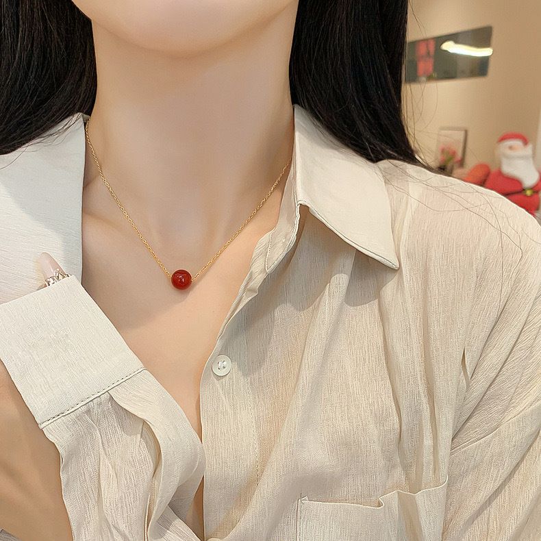 S925纯银红玛瑙转运珠项链女2025年新款潮轻奢风南国相思豆锁骨链