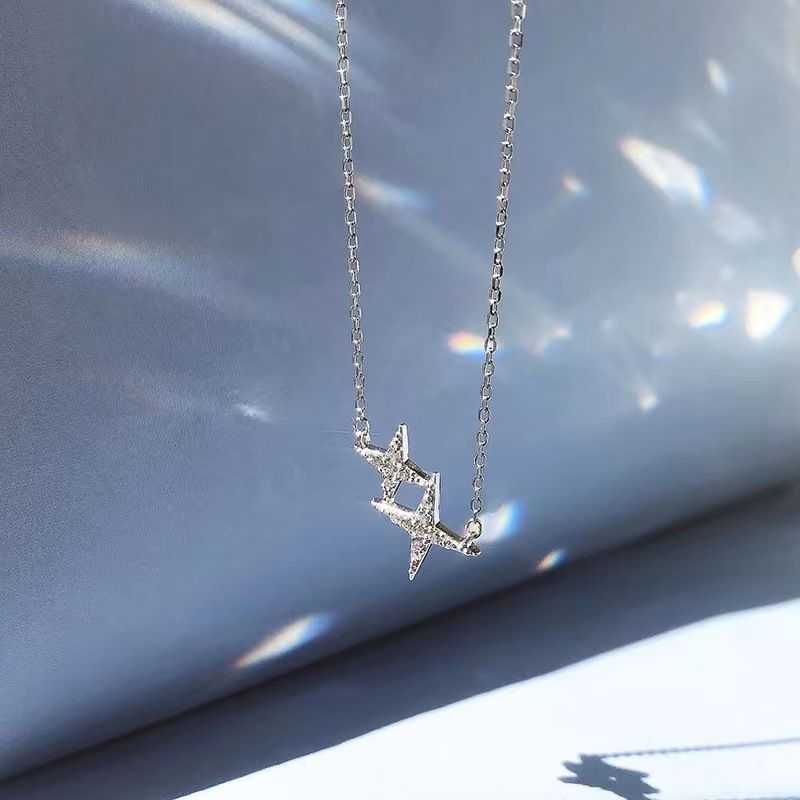 S925闪钻四芒星项链女小众设计感ins冷淡风锁骨链简约气质吊坠