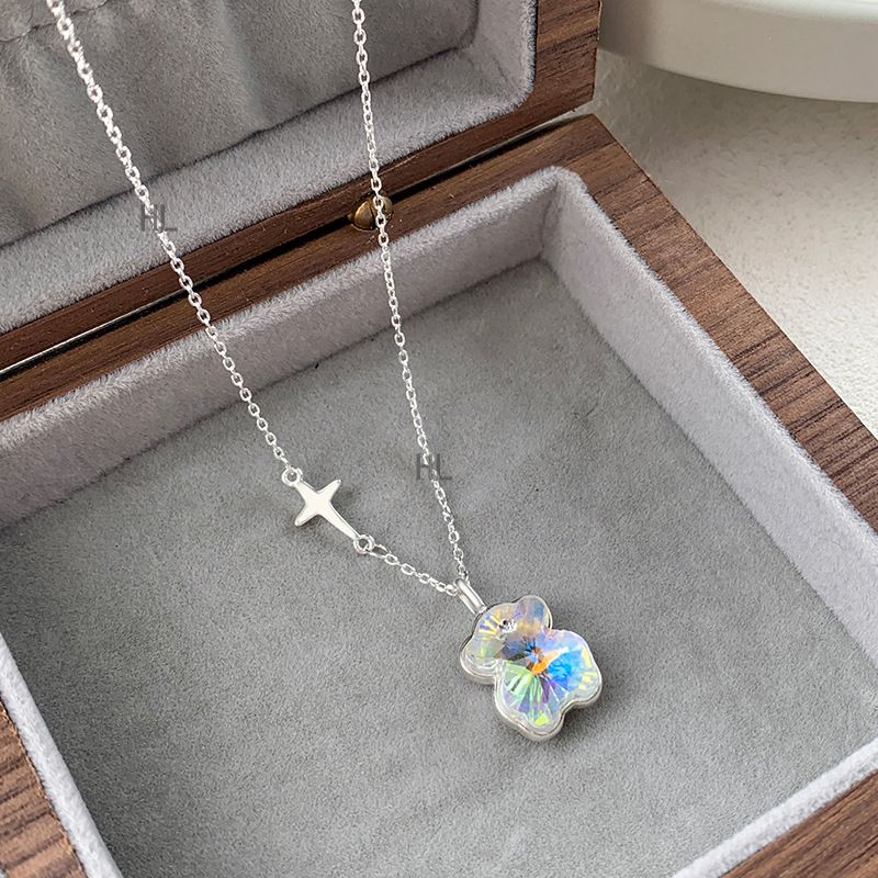 S990纯银幻彩小熊项链女轻奢小众高级感锁骨链女甜酷爆闪锁骨链