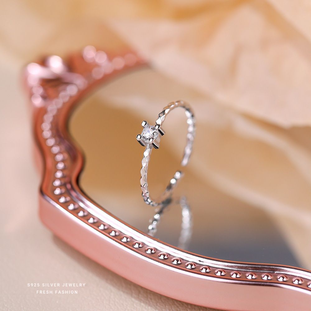 韩版简约时尚波光粼粼锆石戒指女s925纯银百搭食指戒个性开口指环