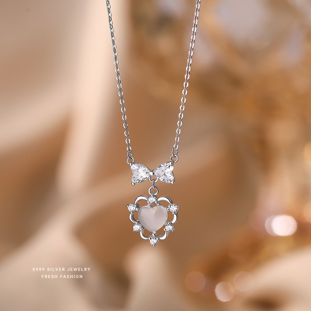 S999纯银蝴蝶结爱心项链女2025新款小众设计感镂空锁骨链时尚百搭