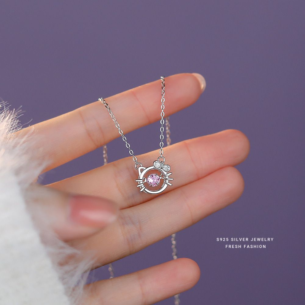 s925纯银蝴蝶结粉钻猫咪项链女轻奢灵动项链小众设计感ins少女心