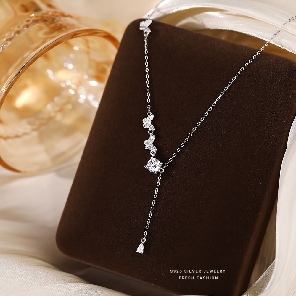 S925纯银锆石蝴蝶项链女款流苏韩版小众气质甜美小清新夏季锁骨链