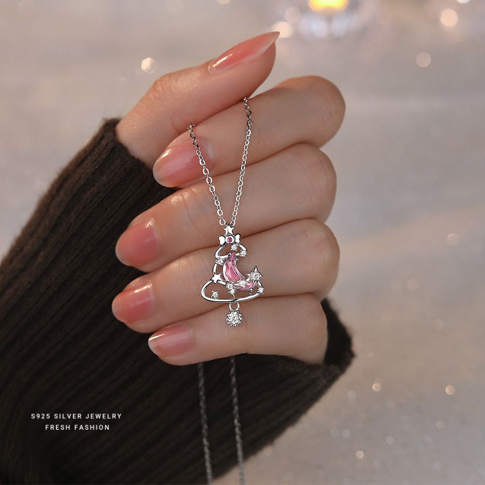 原创圣诞树项链女s925纯银轻奢时尚星星月亮锆石锁骨链镂空银首饰
