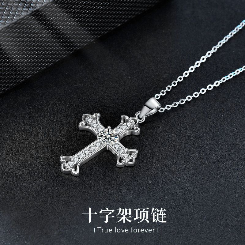 S925纯银莫桑石项链饰品女欧美十字架吊坠毛衣链简约锁骨颈链
