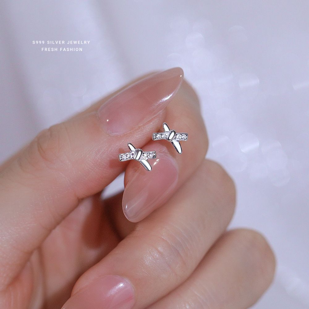 韩版轻奢微镶锆石蝴蝶结耳钉女s999纯银小巧小清新百搭足银耳饰