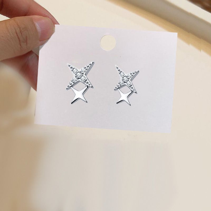 s925纯银流星耳钉女气质潮流镶钻四角星星耳饰102ED银针