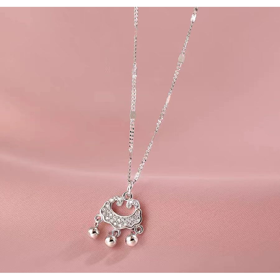 s990足银平安锁项链女轻奢镶嵌小众如意吊坠复古祥云铃铛锁骨链