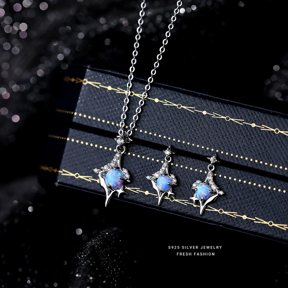 925纯银蓝色欧珀石芒星个性项链ins小众设计感高级星星锁骨链套装