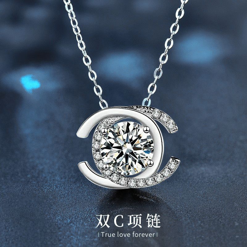 莫桑钻项链925纯银双C字母吊坠女士锁骨颈链情人节礼物饰品直播