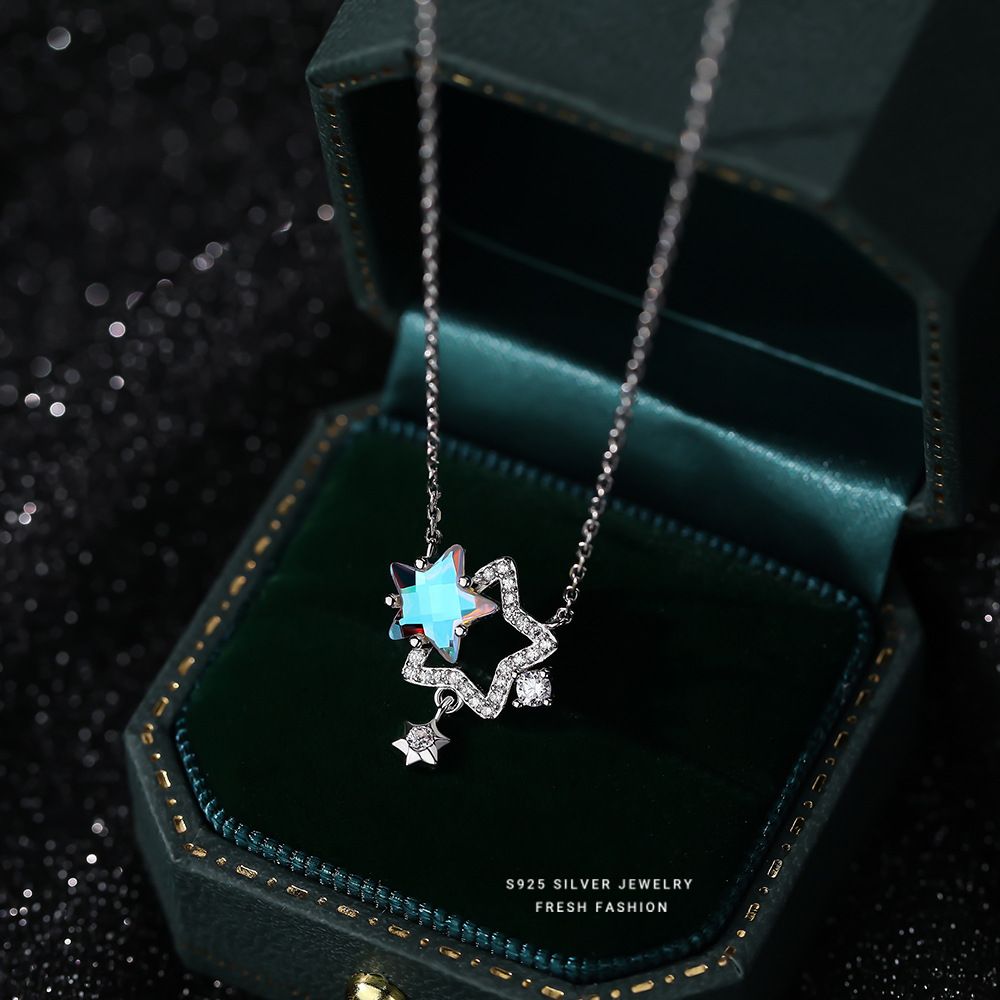 原创s925纯银幻彩石星星项链仙女风气质百搭微镶锁骨链高级感饰品