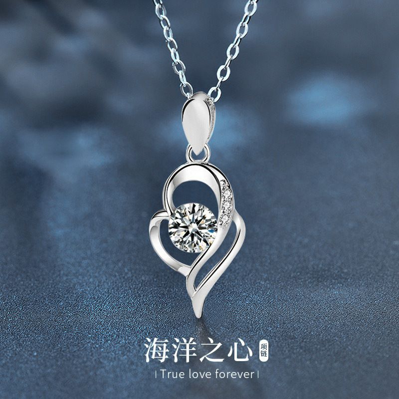 925纯银天使之翼项链女ins风气质莫桑石爱心吊坠饰品情侣刻字