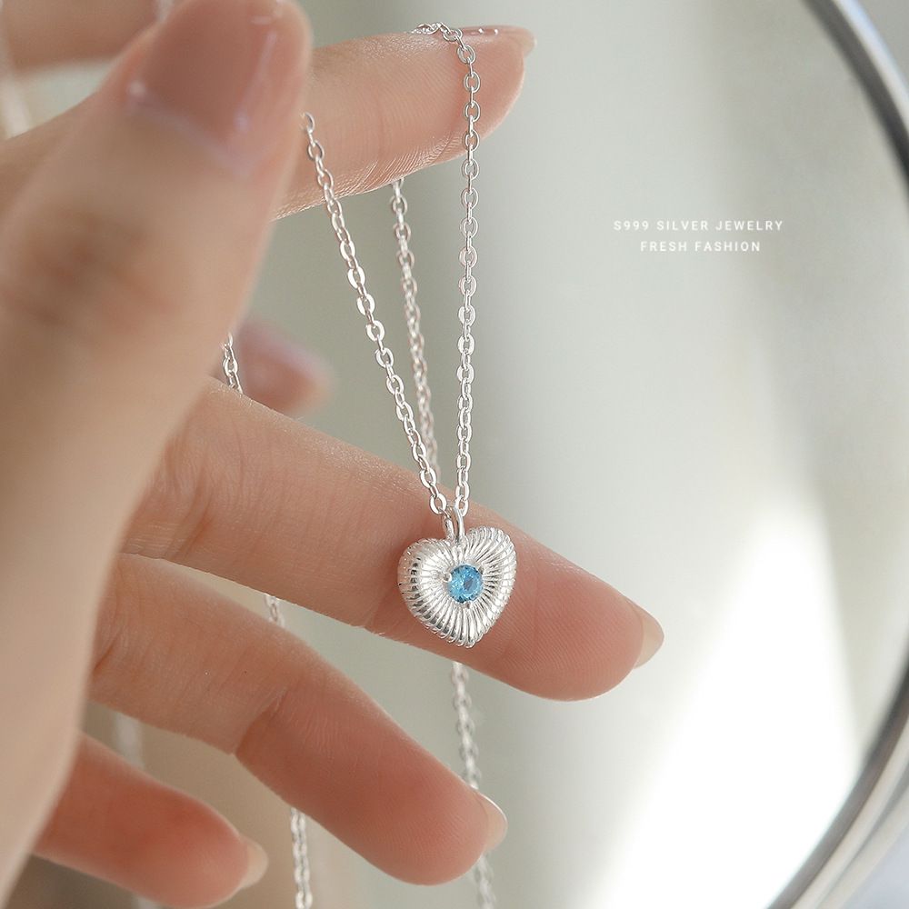 海蓝之心项链女s999足银韩版复古竖纹百搭锆石爱心锁骨链时尚轻奢