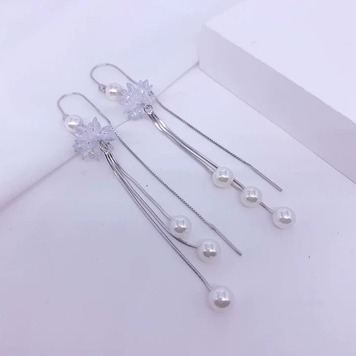 S925纯银耳线女韩版气质国潮冰花珍珠耳环长款流苏时尚轻奢耳饰品