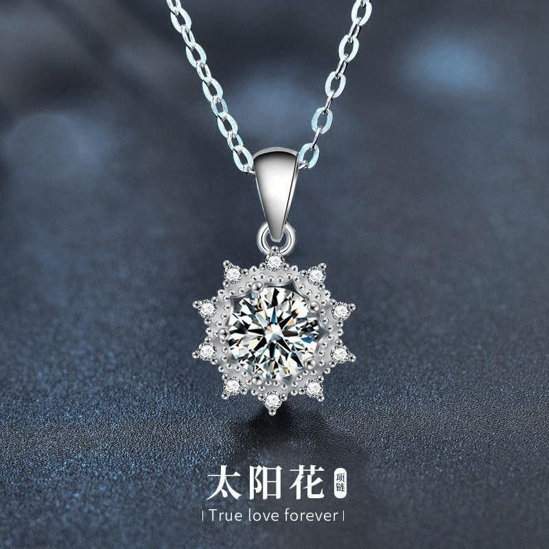 夏丽恩原创925纯银太阳花项链女欧美潮流莫桑石花朵吊坠春夏项饰