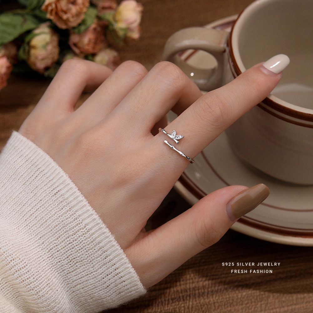 s925纯银竹节戒指女时尚百搭蝴蝶翅膀设计款小众高级感开口戒