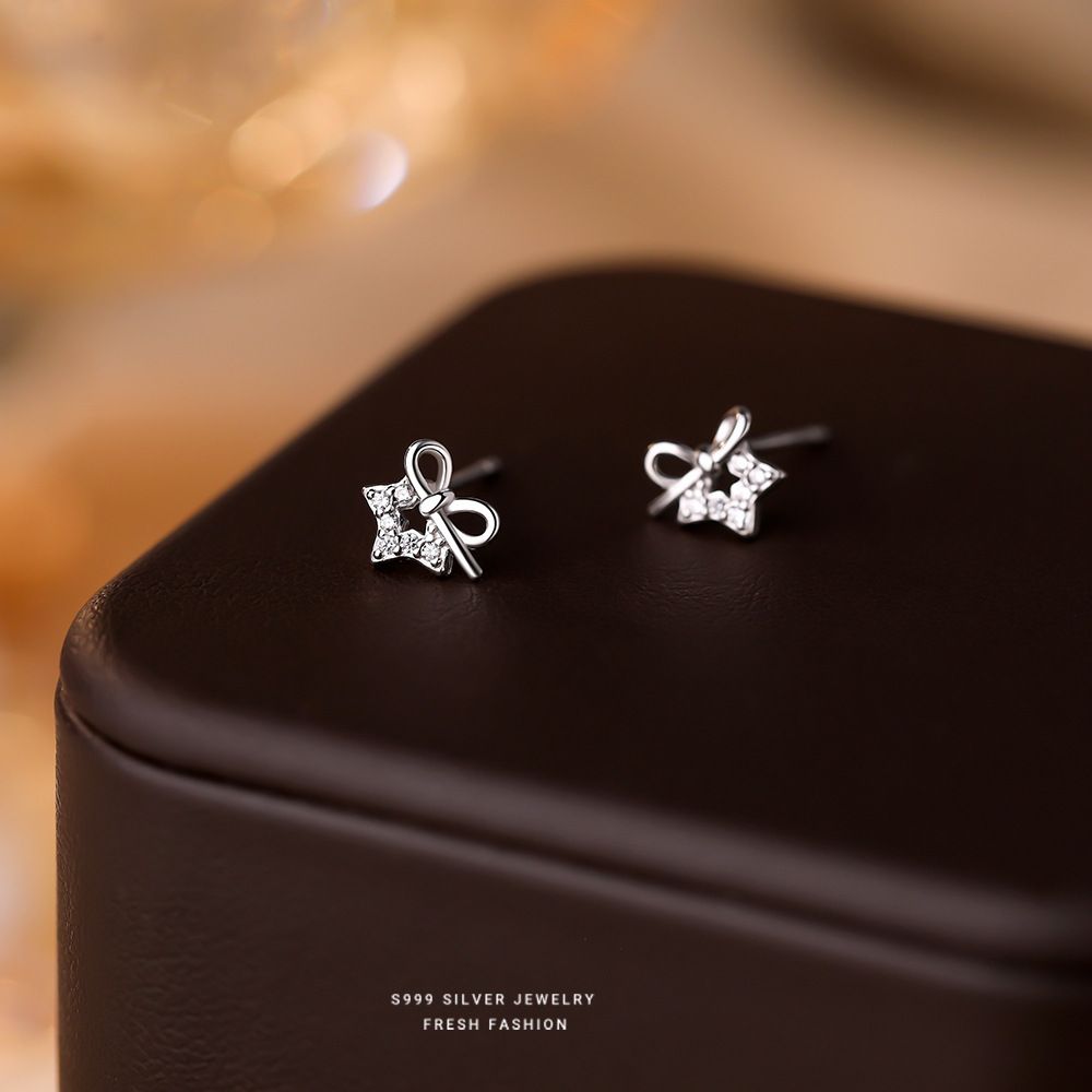 S999纯银蝴蝶结耳钉女2025新款小众设计微镶养耳洞耳骨钉星星耳环