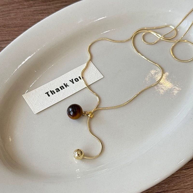 S925纯银美拉德虎眼石项链女秋冬长款抽拉式毛衣链复古高级感项链