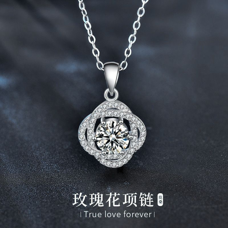 玫瑰花锁骨项链女S925纯银韩版ins百搭小众设计感莫桑石吊坠饰品