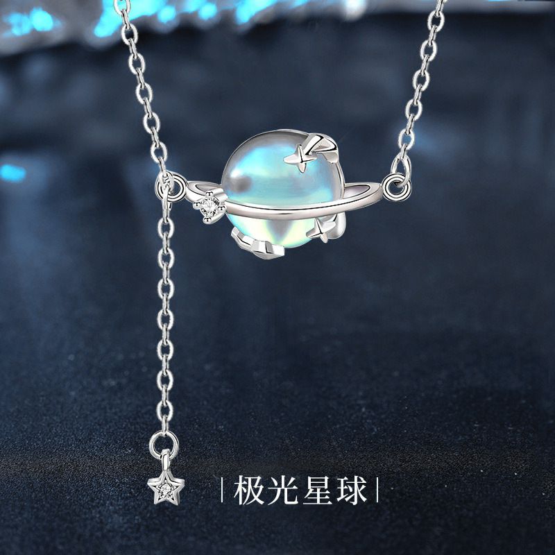 原创月光石项链925纯银森系星球吊坠流苏长款锁骨颈链链条饰品