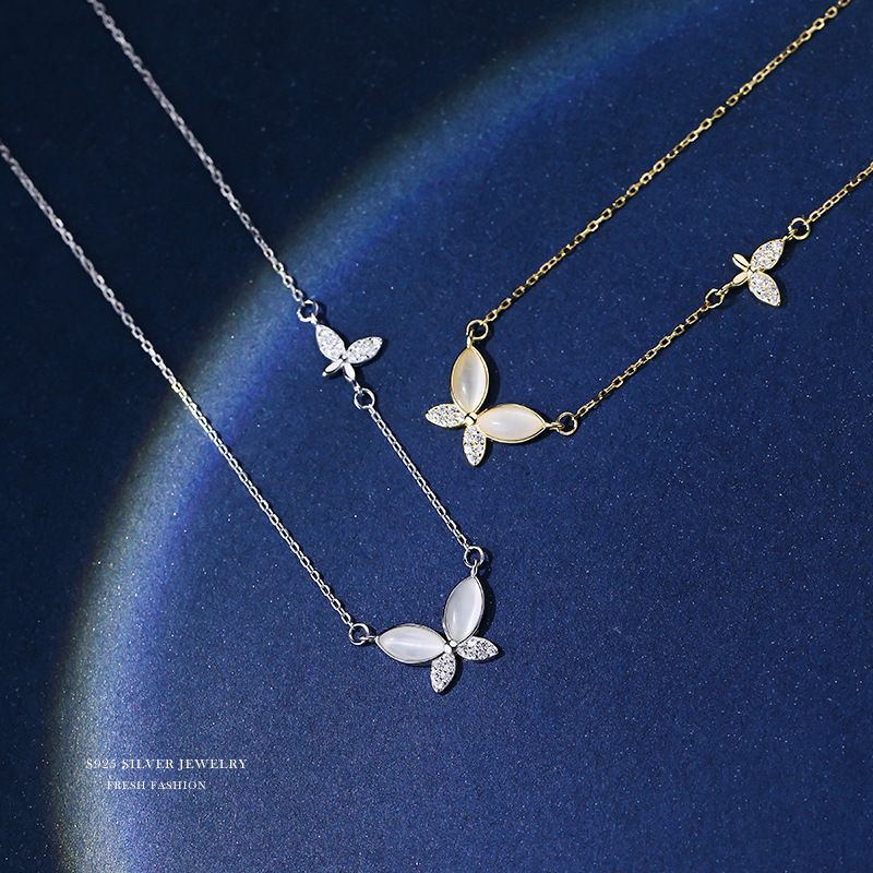 抖音直播蝴蝶猫眼石锁骨链韩版纯银小红书同款吊坠简约个性项链女