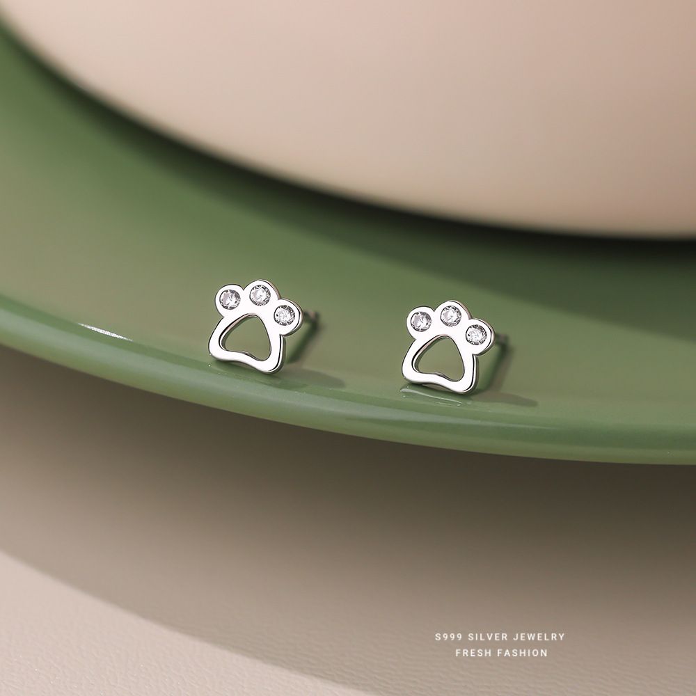 日韩百搭可爱猫爪耳钉女s999纯银小巧迷你小清新锆石足银耳饰代发